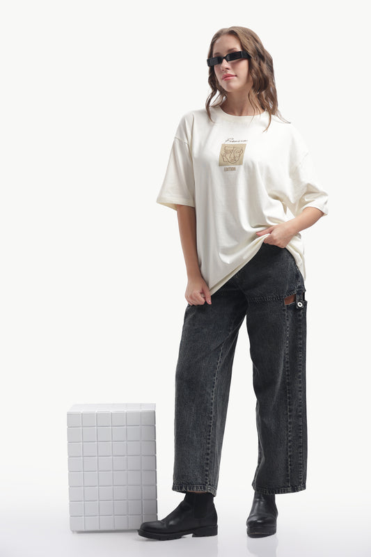 Relaxed Fit Single Jersey Unisex T-Shirt | Cream with Face Embroidery