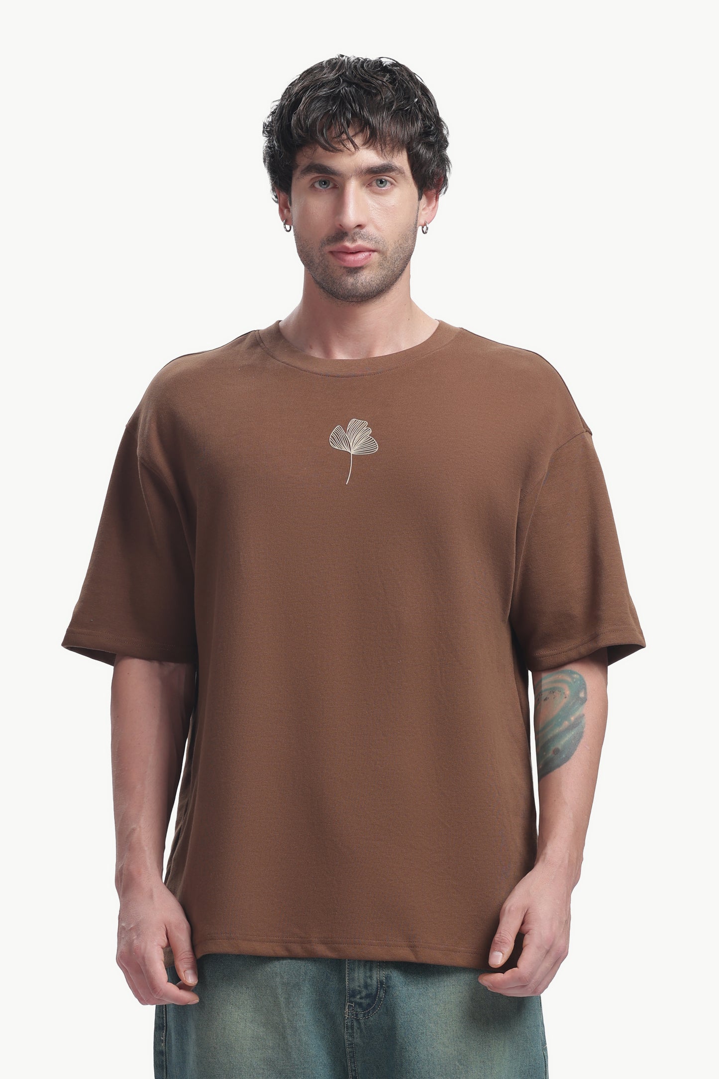 Relaxed Fit Interlock Unisex T-Shirt | Brown with HD Leaf Print