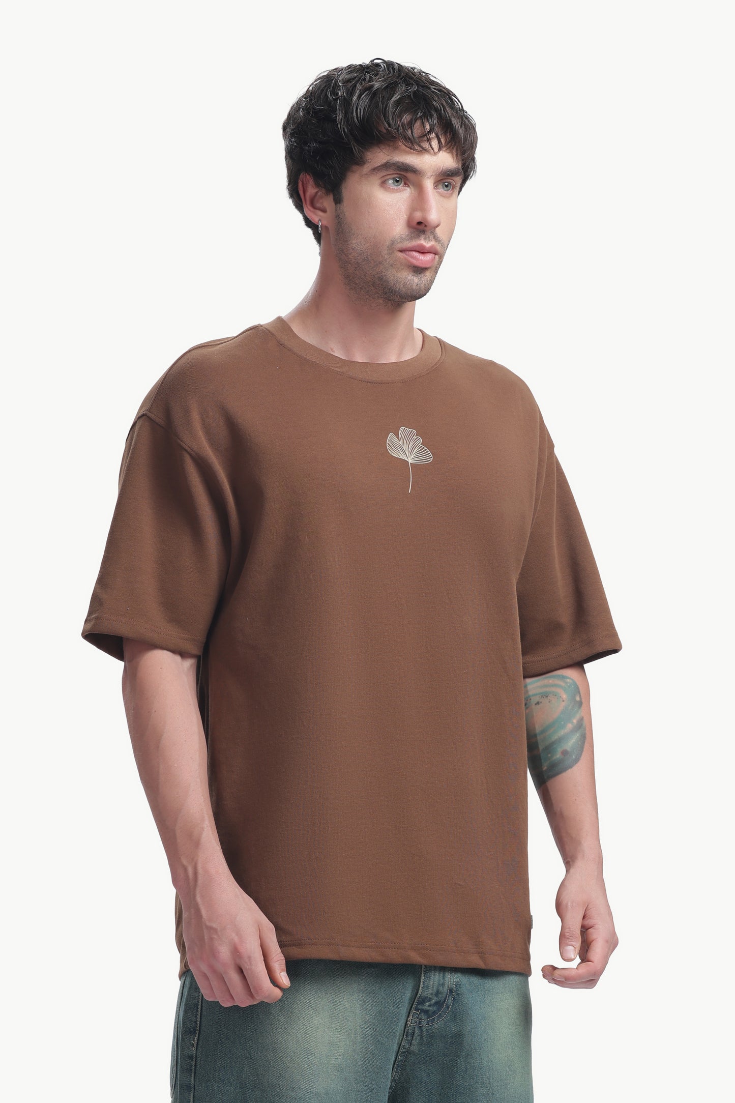 Relaxed Fit Interlock Unisex T-Shirt | Brown with HD Leaf Print