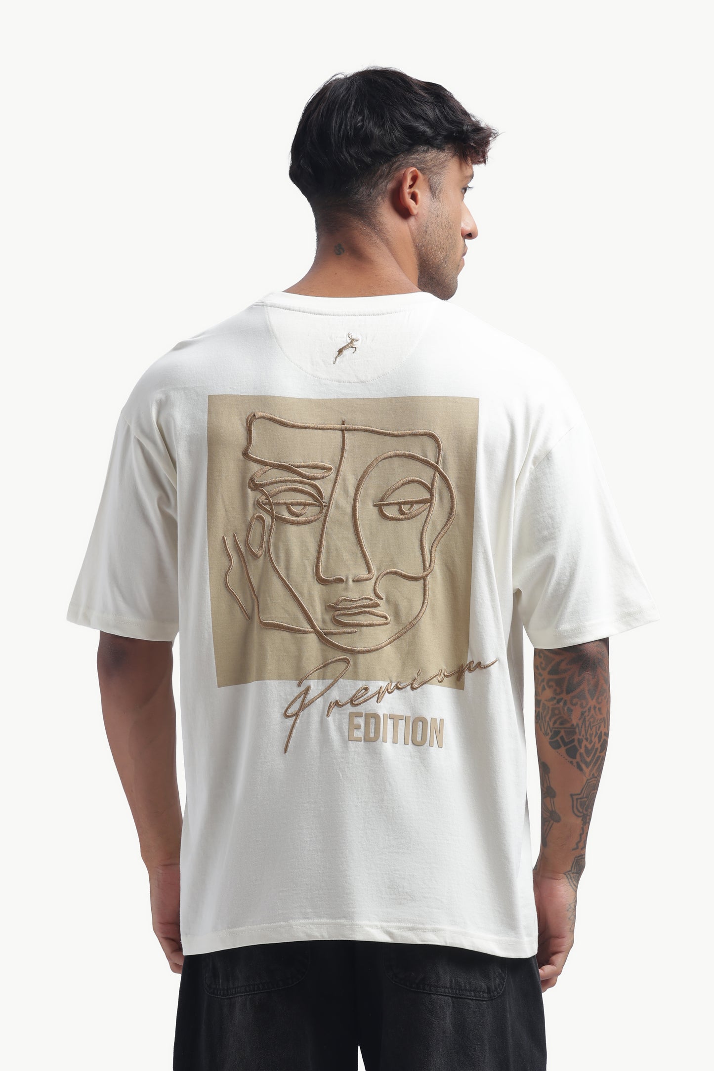 Relaxed Fit Single Jersey Unisex T-Shirt | Cream with Face Embroidery