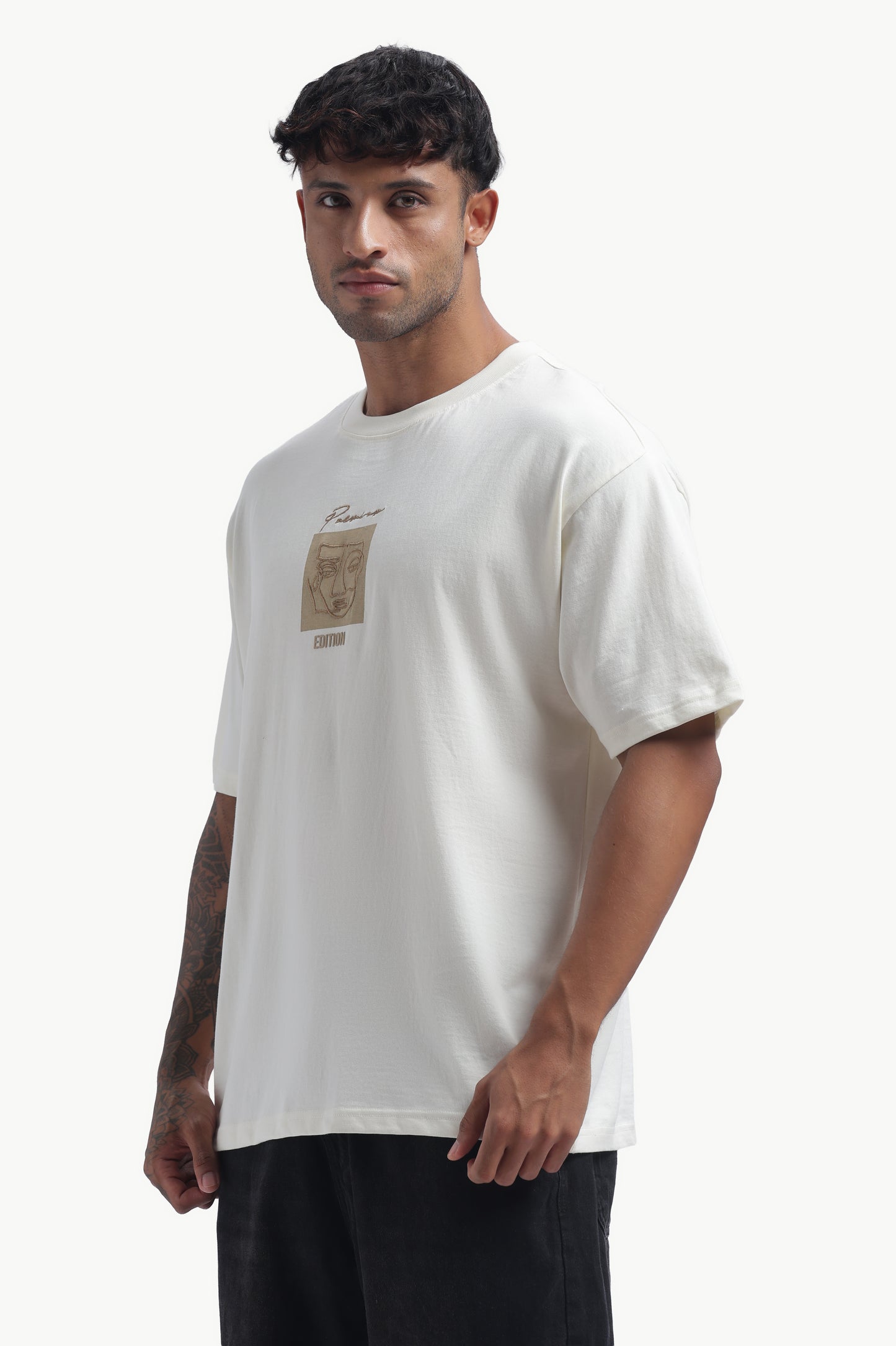 Relaxed Fit Single Jersey Unisex T-Shirt | Cream with Face Embroidery