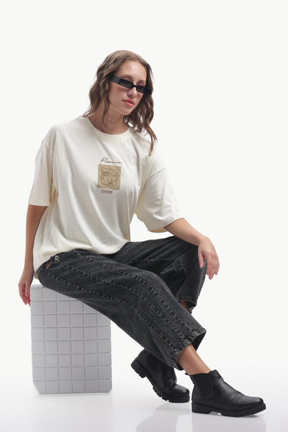 Relaxed Fit Single Jersey Unisex T-Shirt | Cream with Face Embroidery
